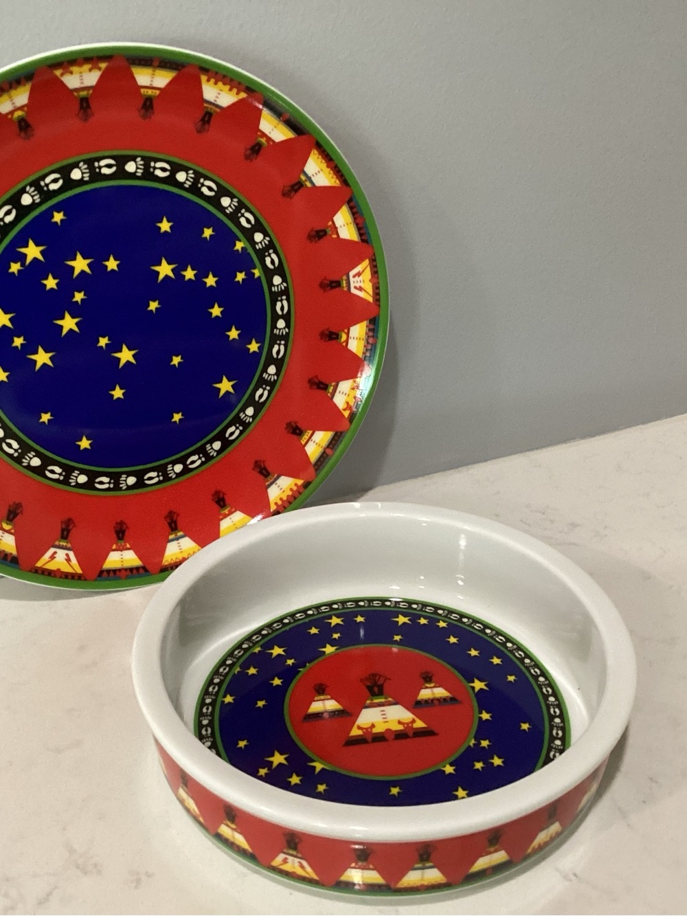 Pendleton Red, Blue & Green Ceramic Serving Bowls with Teepee Motif